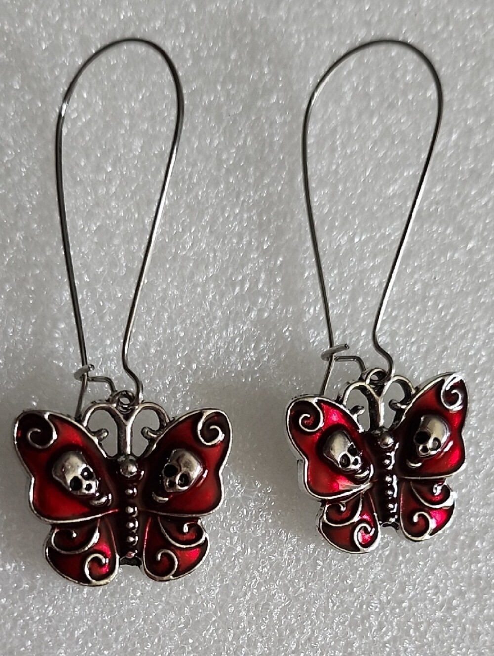 Hand Crafted Red Butterfly Skull Drop Earrings